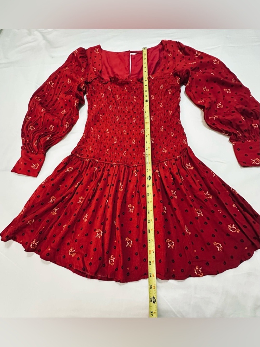 FREE PEOPLE TWO FACES RED PRINT SMOCKED MINI DRESS BOHO PUFF SLEEVE COQUETTE L - Picture 4 of 13
